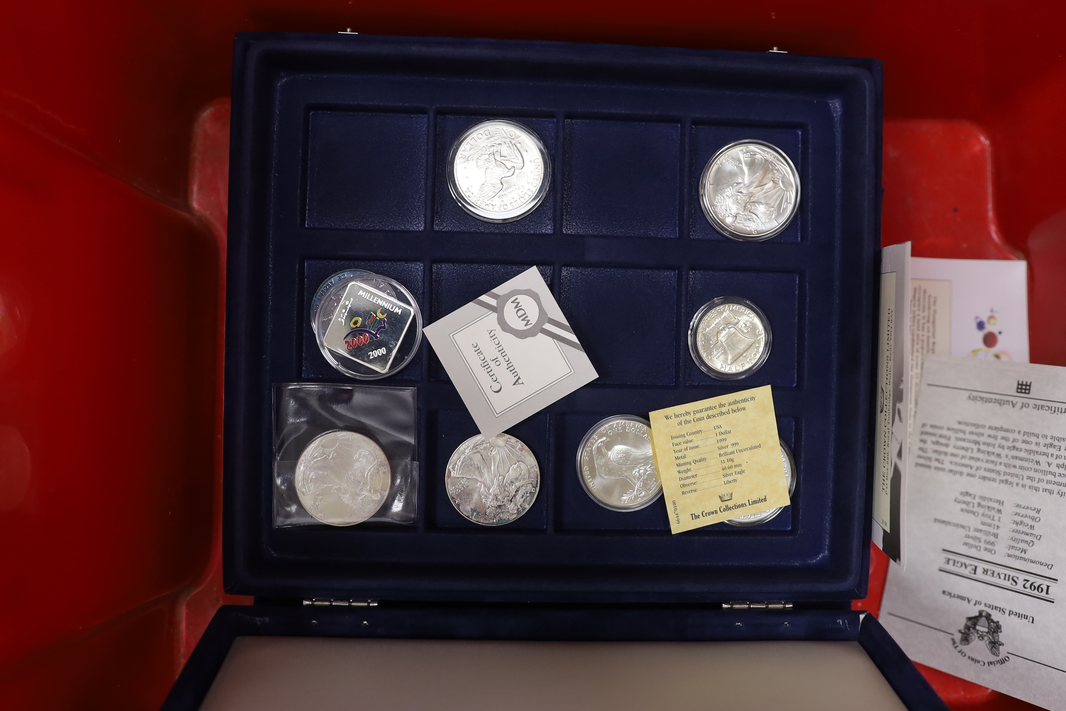 QEII and U.S. and World commemorative proof silver coins to include- 1997 Bermuda Triangle a $3 coin Kiribati coins, Republic of Malawi, Vanuatu, Mongolia, Mexico, Hungary, kingdom of Tonga, Guernsey, Guyana millennium $
